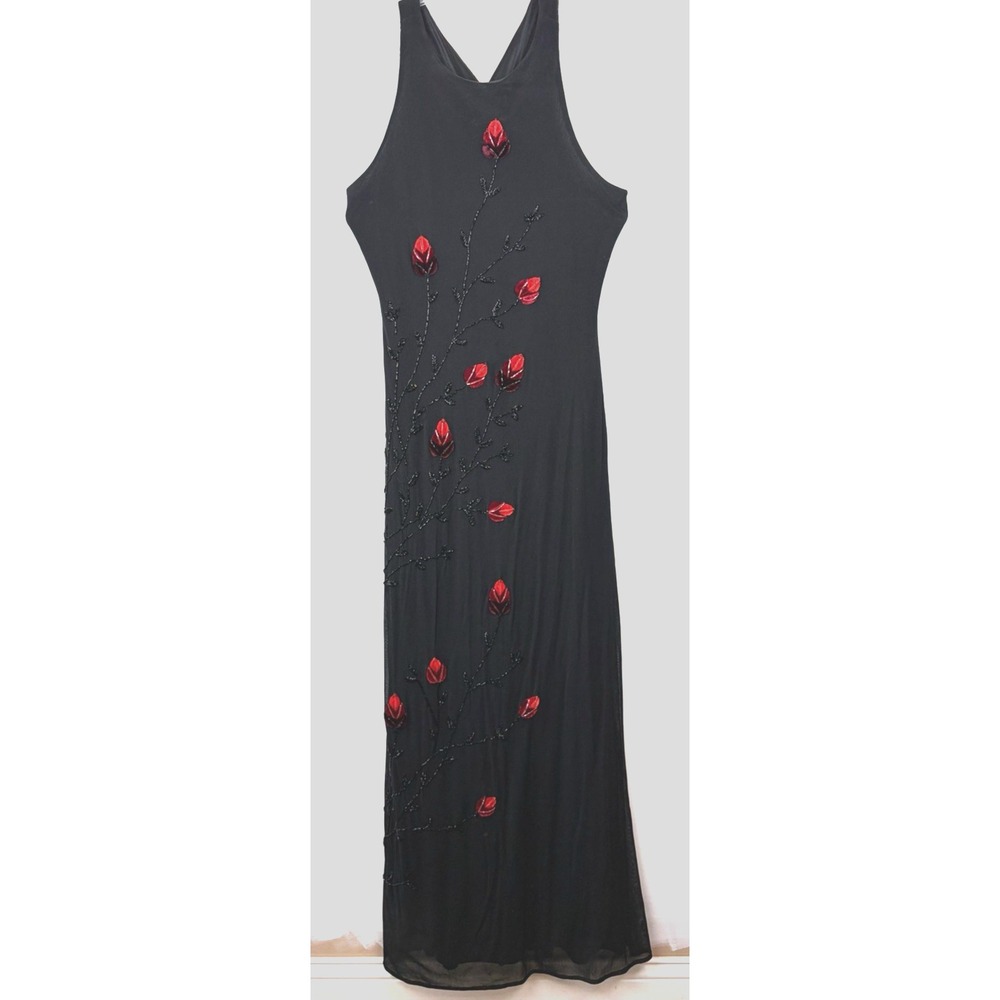 Y2K Cache Formal Dress Womens 10 Black Beaded Red Flowers Whimsigoth Event